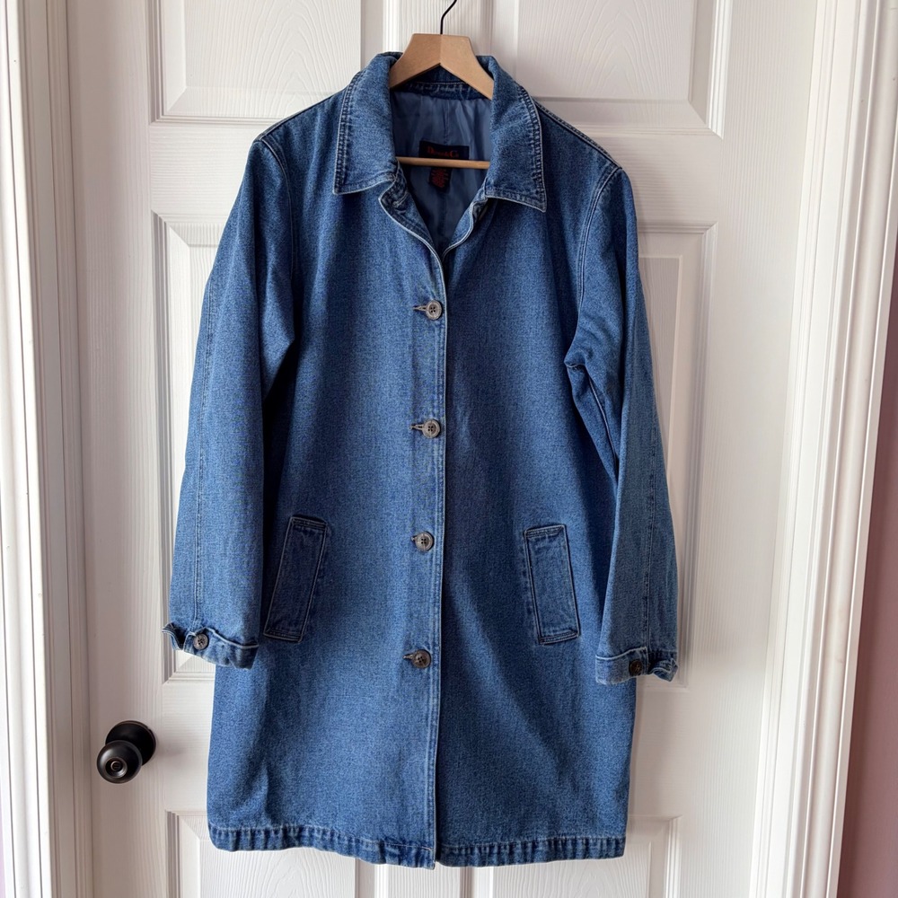 Denim & Co Womens Large Blue Cotton Lined Button Front Long Chore Barn Coat
